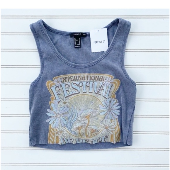 Forever 21 Gray Tan Graphic Crop Tank Top - Picture 1 of 4